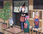  beidan brown_hair chair child japanese_clothes kimono kneeling original pink_hair ponytail praying shop twintails 