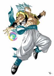  1boy abs black_vest blue_eyes blue_hair blue_sash cropped_vest dragon_ball dragon_ball_super dragon_ball_super_broly energy_ball full_body gogeta highres kakeru_(dbskakeru) medium_hair metamoran_vest muscular muscular_male nipples no_shirt open_clothes open_vest pants sash simple_background solo spiky_hair super_saiyan super_saiyan_blue vest white_background white_pants 