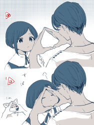  1boy 1girl blue_eyes blue_hair closed_eyes closed_mouth collared_shirt commentary_request dog eye_of_providence face_in_hands frilled_shirt frills fukurai_azami hands_up highres limited_palette looking_at_another meguriya_ayumu multiple_views natsuhiko puff_of_air shiba_inu shirt short_hair snoot_challenge swept_bangs tongue tongue_out toshi_densetsu_kaitai_center translation_request triangle_hands upper_body 