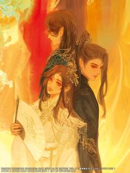  1girl 2boys abstract_background artist_name asymmetrical_bangs belt black_hanfu brown_eyes brown_hair butchinelle chinese_clothes closed_mouth commentary earrings english_commentary facial_mark folding_fan forehead_mark from_behind gold_earrings gold_trim green_hanfu hand_fan hanfu he_xuan head_tilt highres holding holding_fan jewelry lipstick makeup ming_yi multiple_boys official_art open_mouth ornate_clothes paper_fan parted_bangs pointy_ears shi_qingxuan smile tianguan_cifu white_hanfu xiao_guan_(headdress) yellow_background 