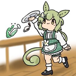  1girl :3 black_shoes blurry blurry_background champagne_flute closed_mouth coffee commentary_request cup drinking_glass failure flower frilled_thigh_strap full_body green_hair green_skirt hair_flower hair_ornament holding holding_tray kamemaru91 long_hair low_ponytail mary_janes no_sclera pea_pod ponytail shirt shoes skirt smile socks solo spilling suspender_skirt suspenders table teacup thigh_strap tray voiceroid voicevox waitress waitress_zundamon walking white_flower white_shirt white_socks yellow_eyes zundamon 
