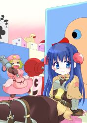  2000s_(style) 2girls ace_(playing_card) ace_of_spades blonde_hair blue_eyes blue_hair blush boots boxing_gloves brown_boots brown_capelet brown_dress brown_gloves capelet card chest_guard closed_mouth club_(weapon) commentary_request crab_claw dress fingerless_gloves floral_print full_body gloves hat hat_ornament highres holding holding_club holding_weapon in-universe_location jacket kotomi_(happy_colors) long_hair long_sleeves looking_at_viewer merchant_(ragnarok_online) multiple_girls myst_case open_mouth pink_hat pink_jacket pink_skirt playing_card poring ragnarok_online rose_print short_hair sitting skirt slime_(creature) smile spade_(shape) star_(symbol) star_hat_ornament swordsman_(ragnarok_online) weapon 