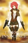  akimbo alternate_costume boots buzz dual_wielding gun iria_animi machine_pistol open_clothes open_shirt parody red_hair redhead resident_evil scarf shirt short_hair tales_of_(series) tales_of_innocence thigh-highs thighhighs title_drop weapon yellow_background 