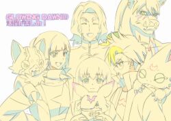  1girl 4boys bat_(animal) chiropmon digimon digimon_beatbreak gekkomon glasses group_picture highres jacket ktldy538tzkf641 kuonji_makoto multiple_boys pristimon round_eyewear sakuya_reina sawashiro_kyo shirt short_hair simple_background stuffed_toy tenma_tomoro white_background 