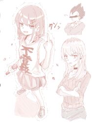  1boy 2girls blue_eyes censored censored_identity character_request choker crossed_arms girls_band_cry hair_ornament hairclip highres holding holding_microphone iseri_nina kawaragi_momoka low_twintails microphone middle_finger monochrome multicolored_hair multiple_girls n_nai_nai_n pleated_skirt roots_(hair) shikai_no_sumi_kuchiru_oto shoes short_hair short_sleeves short_twintails simple_background skirt spot_color standing three-quarter_sleeves twintails white_background 