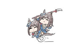  2girls ^_^ animal_ears arm_up blue_bow blue_serafuku blue_shirt blue_skirt bow brown_hair carrying chibi closed_eyes closed_mouth dual_persona ear_bow grass_wonder_(umamusume) grey_pantyhose holding holding_polearm holding_weapon horse_ears horse_girl horse_tail kawamochi_(kawauti919) motion_lines multicolored_hair multiple_girls naginata pantyhose piggyback pleated_skirt polearm sailor_collar school_uniform serafuku shirt simple_background skirt smile speed_lines tail two-tone_hair umamusume weapon wheel_o_feet white_background white_bow white_hair white_sailor_collar 