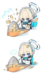  ... 1girl absurdres apron bag_of_chips black_dress black_gloves blonde_hair blue_archive blue_bow blue_eyes blue_halo bow bun_cover chibi chips_(food) dress food gloves hair_bun halo headdress highres koyuuuuuuuuuuu long_hair long_sleeves maid maid_apron maid_headdress popping shoes speech_bubble toki_(blue_archive) white_apron white_headdress white_shoes 