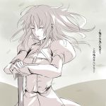 beige closed_eyes dress fate/stay_night fate_(series) hair_down hands_on_hilt long_hair monochrome nana_g saber translation_request 