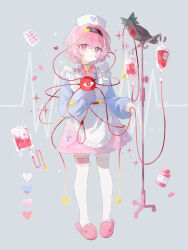 1girl absurdres adapted_costume animalization apron bandaid bandaid_on_face bird black_bird black_hairband blister_pack blood blood_bag blue_sweater bow bowtie cardiogram chinese_commentary closed_mouth commentary_request eyeball floral_print frilled_thigh_strap full_body grey_background hair_ornament hairband hat heart heart_hair_ornament highres iv_stand komeiji_satori long_sleeves looking_at_viewer nurse_cap pill pill_bottle pink_eyes pink_hair pink_skirt pink_slippers print_skirt red_bow red_bowtie reiuji_utsuho reiuji_utsuho_(bird) rose_print short_hair simple_background skirt slippers sweater thigh-highs thigh_strap third_eye touhou white_apron white_hat white_thighhighs yuuneka 