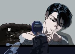  2boys ad alien_stage black_eyes black_hair black_jacket commentary feather_boa grey_hair helmet highres ivan_(alien_stage) jacket looking_at_another male_focus multiple_boys raku_(raku9280) scar scar_on_neck shirt short_hair till_(alien_stage) very_short_hair white_shirt 