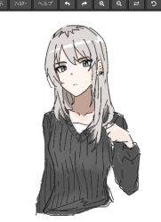  1girl art_program_in_frame black_sweater closed_mouth earrings girls_band_cry grey_eyes grey_hair highres jewelry kawaragi_momoka long_hair long_sleeves multicolored_hair n_nai_nai_n oekaki roots_(hair) simple_background solo sweater upper_body white_background 