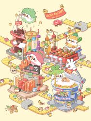  animal-themed_food animal_focus bamboo_steamer banner bottle chinese_commentary commentary_request conveyor_belt drinking drinking_straw factory flour flying food fried_egg highres meat motion_lines no_humans original ramen signature simple_background skewer soda soda_bottle steam xiaocaiji_ruky yellow_background 