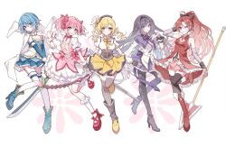  5girls akemi_homura akemi_homura_(magical_girl) argyle_clothes argyle_pantyhose beret black_hair black_hairband black_pantyhose black_thighhighs blonde_hair blue_eyes blue_hair blue_skirt blush boots bow bow_(weapon) bow_choker bowtie breasts bubble_skirt cape choker commentary corset detached_sleeves dress drill_hair eyelashes fingerless_gloves flower_symbol frilled_socks frills full_body gloves gradient_hair grin gun hair_bow hair_ornament hair_ribbon hairband hand_up hat high_heels high_ponytail highres holding holding_bow_(weapon) holding_gun holding_polearm holding_sword holding_weapon holy_quintet kaname_madoka kaname_madoka_(magical_girl) knees_together_feet_apart long_hair looking_at_viewer lulutmi magical_girl magical_musket mahou_shoujo_madoka_magica mahou_shoujo_madoka_magica_(anime) miki_sayaka miki_sayaka_(magical_girl) multicolored_hair multiple_girls no_hair_ornament one_eye_closed pantyhose pink_eyes pink_hair platform_heels pleated_skirt polearm ponytail puffy_sleeves red_choker red_eyes red_hair ribbon sakura_kyoko sakura_kyoko_(magical_girl) short_hair short_twintails skirt smile socks solo soul_gem spear standing standing_on_one_leg strapless striped_clothes striped_thighhighs sword thigh-highs tomoe_mami tomoe_mami_(magical_girl) twin_drills twintails two-tone_capelet vertical-striped_clothes vertical-striped_thighhighs very_long_hair violet_eyes weapon white_background white_cape white_gloves white_thighhighs yellow_bow yellow_bowtie yellow_eyes yellow_ribbon 