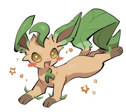  :d alternate_color animal_focus animal_hands blush_stickers brown_eyes brown_fur fang full_body green_fur leaf leafeon looking_at_viewer no_humans open_mouth pokemon pokemon_(creature) pokemon_focus shiny_pokemon simple_background skin_fang smile solo sparkle standing white_background yellow_fur yumeminoideyu2 