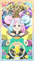  bare_shoulders bellibolt blonde_hair blue_hair border bow-shaped_hair colored_sclera commentary_request eyelashes gakuenlife hair_ornament highres iono_(pokemon) lightning_bolt_symbol luxio mismagius multicolored_eyes multicolored_hair open_mouth pink_hair pokemon pokemon_(creature) pokemon_sv red_eyes sharp_teeth smile star_(symbol) teeth terastallization two-tone_hair upper_teeth_only watermark wattrel yellow_sclera 