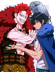  2boys abs arm_tattoo belt belt_buckle biceps black_hair black_shirt blue_coat border brown_belt buckle buttons closed_mouth coat coat_on_shoulders commentary_request earrings eustass_kid facial_hair finger_tattoo flexing fur-trimmed_coat fur_coat fur_trim goatee goggles goggles_around_neck gold_earrings grin hair_between_eyes hand_up highres jewelry looking_at_viewer looking_to_the_side male_focus mechanical_arms multiple_boys muscular muscular_male one_piece open_clothes open_shirt outside_border parted_bangs pectorals red_coat red_eyes red_hair red_lips scar scar_across_eye scar_on_face scar_on_stomach serious shirt short_hair short_sleeves shoulder_tattoo sideburns sideways_glance single_mechanical_arm smile spiky_hair tank_top tattoo teeth trafalgar_law v-shaped_eyebrows veins white_border white_tank_top yakumo_(ykm) yellow_eyes 