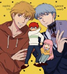  4boys androgynous azkn black_jacket book brown_hair brown_jacket closed_mouth collarbone commentary_request copyright_name drawstring fingernails grey_eyes grey_hair grin happy hasukawa_kazuya holding holding_book ikeda_mitsuru jacket kisaragi_shun koko_wa_greenwood long_sleeves looking_at_viewer male_focus multiple_boys open_mouth pink_hair red_hair scared short_hair slippers smile squatting sweatdrop sweater tezuka_shinobu white_sweater yellow_background 