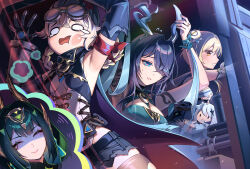  5girls absurdres antlers aqua_dress arm_up armpits arms_up black_jacket black_sleeves blonde_hair blue_eyes blue_hair blush breasts closed_eyes deer_antlers detached_sleeves dress genshin_impact goggles goggles_on_head green_hair hair_between_eyes hair_ornament hair_rings highres holding horns jacket jahoda_(genshin_impact) karen_(navy_42) lauma_(genshin_impact) light_smile long_hair lumine_(genshin_impact) multiple_girls nefer_(genshin_impact) paimon_(genshin_impact) short_hair shorts sleeveless white_dress white_hair yellow_eyes 