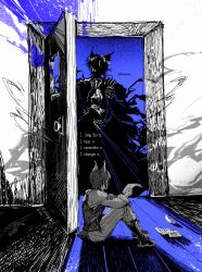  2boys absurdres age_difference aged_down ancient_greek_clothes animal_ears arknights backlighting blue_background boots cat_boy cat_ears cat_tail chinese_commentary cloak coat dual_persona english_commentary english_text face_in_shadow faceless faceless_male facing_away facing_viewer full_body gloves greco-roman_clothes greyscale_with_colored_background hand_on_own_chest highres himation holding holding_paper indoors jewelry knees_up lace-up_boots laurel_crown long_sleeves looking_at_another looking_to_the_side male_focus mitterfly mixed-language_commentary multiple_boys necklace on_floor open_door pants paper phantom_(arknights) shadow shirt short_hair sitting spot_color standing tail time_paradox tragodia_(arknights) vest wooden_floor 