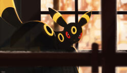  animal_focus black_fur blurry blurry_background draw_pann33 facial_mark forehead_mark full_body highres indoors looking_at_viewer no_humans pokemon pokemon_(creature) pokemon_focus red_eyes simple_background sitting solo umbreon window yellow_fur 