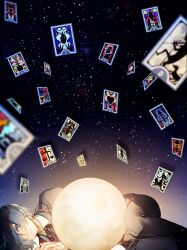  1boy black_jacket black_pants black_ribbon blue_eyes blue_hair blurry blurry_foreground card commentary_request death_(tarot) feet_out_of_frame floating_card full_moon hair_over_one_eye highres jacket judgement_(tarot) justice_(tarot) looking_at_viewer lor_(roasyerizyonirapi) lying moon on_side pants parted_lips persona persona_3 ribbon short_hair sky solo star_(sky) starry_sky starry_sky_background strength_(tarot) tarot tarot_card temperance_(tarot) the_chariot_(tarot) the_devil_(tarot) the_empress_(tarot) the_fool_(tarot) the_hanged_man_(tarot) the_hermit_(tarot) the_hierophant_(tarot) the_high_priestess_(tarot) the_lovers_(tarot) the_magician_(tarot) the_moon_(tarot) the_star_(tarot) the_sun_(tarot) the_tower_(tarot) wheel_of_fortune_(tarot) yuuki_makoto_(persona_3) 