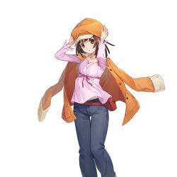  1girl adjusting_clothes adjusting_headwear belt belt_bag brown_eyes brown_hair feet_out_of_frame grey_pants hat jacket jacket_on_shoulders long_sleeves looking_at_viewer midriff_peek monogatari_(series) official_art orange_hat orange_jacket pants parted_lips pink_shirt ragnador red_belt sengoku_nadeko shirt short_hair simple_background solo tachi-e third-party_source transparent_background 