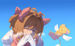  1girl :3 ^_^ antenna_hair blue_sky bow brown_hair cardcaptor_sakura closed_eyes commentary gloves hair_bow highres hirachill16 kero_(cardcaptor_sakura) kinomoto_sakura laughing magical_girl open_mouth pink_bow puffy_short_sleeves puffy_sleeves short_hair short_sleeves short_twintails sky smile teeth twintails upper_teeth_only white_gloves white_wings wings 