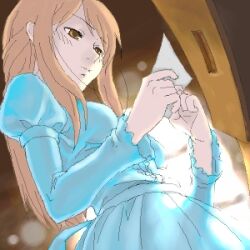  1girl blue_dress brown_eyes brown_hair closed_mouth commentary_request dress holding holding_photo indoors juliet_sleeves long_hair long_sleeves lowres oekaki original photo_(object) puffy_sleeves solo sunlight tororo_(16763) upper_body window 
