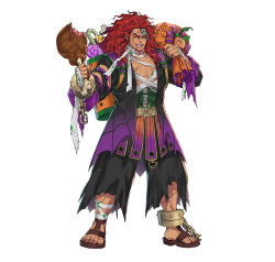  1boy absurdres animal_ears boned_meat candy commentary cosplay cuffs english_commentary facial_hair fire_emblem fire_emblem:_radiant_dawn fire_emblem_heroes food frankenstein's_monster frankenstein's_monster_(cosplay) full_body goatee halloween_costume highres holding holding_food holding_sack kuroba.k lollipop long_hair male_focus meat muscular muscular_male official_art pectoral_cleavage pectorals red_hair sack scar second-party_source shackles simple_background skrimir_(echoing_howl)_(fire_emblem) skrimir_(fire_emblem) solo standing swirl_lollipop white_background 