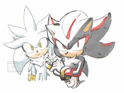  2boys 3582y animal_ears animal_nose black_fur body_fur bracelet commentary_request furry furry_male gloves gold_bracelet grey_fur hedgehog_boy jewelry looking_at_viewer male_focus multicolored_fur multiple_boys neck_fur red_eyes red_fur shadow_the_hedgehog short_tail silver_the_hedgehog simple_background sketch smile sonic_(series) standing tail two-tone_fur v watermark white_background white_fur white_gloves yellow_eyes 