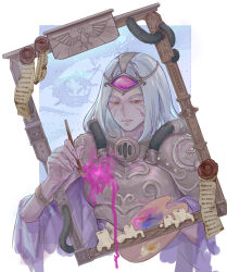  00sage 1girl armor bracelet breastplate candle cassia_orsellio cropped_torso facial_mark fingernails holding holding_paint_palette holding_paintbrush jewelry paint_palette paintbrush painting_(action) pauldrons picture_frame red_eyes sharp_fingernails short_hair shoulder_armor solo third_eye upper_body veiny_face warhammer_40k warhammer_40k:_rogue_trader wax_seal white_background white_hair 