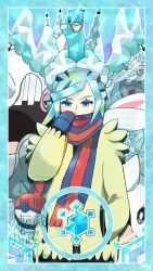  1boy altaria aqua_eyes aqua_hair beartic blue_mittens border cetitan cetoddle commentary_request eyelashes gakuenlife grusha_(pokemon) hand_in_pocket highres icicle long_sleeves male_focus mittens open_mouth poke_ball_theme pokemon pokemon_(creature) pokemon_sv scarf scarf_over_mouth sweater terastallization two-tone_scarf watermark yellow_sweater 