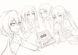  4girls absurdres ave_mujica_(bang_dream!) bang_dream! bang_dream!_it&#039;s_mygo!!!!! bouquet bow chinese_commentary commentary_request greyscale highres holding holding_bouquet long_hair long_sleeves looking_at_viewer mask misumi_uika monochrome mouth_mask multiple_girls photo-referenced photo_(object) short_hair sidelocks simple_background togawa_sakiko wakaba_mutsumi white_background yahata_umiri yuany_(1586313587) yuutenji_nyamu 
