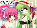  araiguma bad_id bikini c.c. cc code_geass food fruit green_hair hat holding holding_fruit long_hair pink_hair ribbon ribbons swimsuit watermelon 