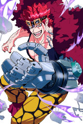  1boy :d biceps black_nails black_shirt coat coat_on_shoulders collarbone commentary_request eustass_kid fangs fingernails fur_coat goggles goggles_on_head highres large_pectorals looking_at_viewer magnetism male_focus mechanical_arms muscular muscular_male nail_polish one_piece open_clothes open_mouth open_shirt pants pectoral_cleavage pectorals red_coat red_eyes red_hair red_lips scar scar_across_eye scar_on_arm scar_on_chest scar_on_face scar_on_neck shirt short_hair short_sleeves single_mechanical_arm smile solo spiky_hair teeth v-shaped_eyebrows veins white_background yakumo_(ykm) yellow_pants 