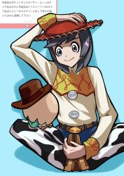 1boy 1other absurdres animal black_hair cosplay cowboy_hat cowboy_western disney elio_(pokemon) gulacossa_222 hat highres jessie_the_yodeling_cowgirl jessie_the_yodeling_cowgirl_(cosplay) male_focus pixar pokemon pokemon_(creature) pokemon_sm rowlet sheriff_woody sheriff_woody_(cosplay) shirt short_hair tagme toy_story