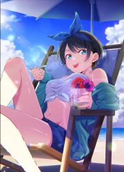  1girl :p bare_shoulders bikini bikini_top_only black_hair blue_eyes blue_jacket blue_ribbon blue_shorts blush chair closed_mouth clouds cup flower food hair_ribbon hibiscus highres holding holding_cup holding_spoon ice_cream_cup ice_cream_spoon jacket kanojo_okarishimasu knee_up light_particles looking_at_viewer lounge_chair nail_polish navel ocean off_shoulder official_art open_clothes open_jacket parasol promotional_art reclining ribbon sarashina_ruka shaved_ice short_hair shorts sky smile solo spoon stomach swimsuit tongue tongue_out umbrella white_bikini white_nails 