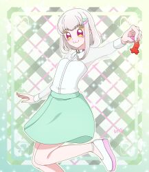  1girl :3 absurdres artist_name bare_legs blonde_hair blush_stickers border bow bowtie breasts brooch closed_mouth collared_shirt colored_shoe_soles commentary facial_mark fingernails food food_art foot_out_of_frame gingham_background gradient_eyes green_background green_border green_skirt hair_ornament hairpin heart heart_background heart_facial_mark high_heels highres holding holding_food jewelry kimi_to_idol_precure leg_up long_sleeves looking_at_viewer miniskirt multicolored_eyes outline outside_border outstretched_arm patterned_background pink_eyes precure purirun_(civilian)_(precure) purirun_(fairy)_(precure) purirun_(precure) sakuragawa3710 sausage see-through_clothes see-through_shirt see-through_sleeves shirt shirt_tucked_in shoes short_hair skirt sleeve_cuffs small_breasts smile solo sparkle sparkle_background star-shaped_pupils star_(symbol) star_brooch strappy_heels symbol-shaped_pupils tako-san_wiener wedge_heels white_bow white_bowtie white_outline white_shirt white_shoes 