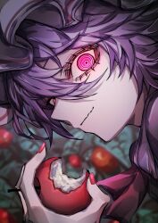  1girl 33_gaff apple ascot bitten_apple blue_hair commentary_request dark_background food food_bite fruit glowing glowing_eyes hair_between_eyes hat holding holding_food holding_fruit leaf looking_at_viewer mob_cap purple_hair red_ascot red_eyes remilia_scarlet sharp_teeth short_hair smirk solo teeth touhou 