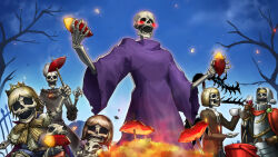  2girls 4boys alcohol animal animal_skeleton armor autumn_leaves bare_tree belt black_dress blonde_hair blush_stickers breastplate brown_belt brown_gloves brown_hair brown_jacket cape child circlet coffee_mug collar commentary crown cup curly_hair dog dragon dress drinking_glass duel_monster embers extra_eyes fence food frilled_collar frilled_dress frilled_sleeves frills full_moon ghost gloves glowing highres holding holding_animal holding_cup holding_food holding_skewer iron_fence jacket king_of_the_skull_servants leaf matsumoto_(ma_tsuya) medium_hair moon mug multiple_boys multiple_girls name_connection night night_sky open_mouth pink_dress puffy_short_sleeves puffy_sleeves purple_robe red_cape roasted_sweet_potato robe sharp_teeth short_sleeves skeleton skewer skull_servant sky smile smoke star_(sky) sweet_potato teeth the_lady_in_wight torn_clothes trait_connection tree white_hair wig wightbaking wightlord wightmare wightprince wightprincess wine wine_glass yu-gi-oh! 