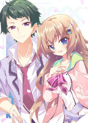  >:) 1boy 1girl 9-nine- :d absurdres belt black_hair blue_background blue_eyes blush border bow bowtie breast_suppress breasts brown_hair buttons cardigan closed_mouth collarbone collared_shirt commentary_request cowboy_shot double-breasted dress eyes_visible_through_hair falling_petals gear_hair_ornament grey_belt grey_jacket hair_between_eyes hair_ornament hakusen_academy_school_uniform hand_on_own_hip hand_up happy highres jacket kujou_miyako large_breasts long_hair long_sleeves looking_at_viewer necktie niimi_kakeru open_cardigan open_clothes open_jacket open_mouth outside_border petals pink_bow pink_bowtie pink_cardigan red_necktie school_uniform shirt short_hair simple_background sleeves_rolled_up smile spiky_hair split_mouth star_(symbol) star_print sukonbu385 upper_body v-shaped_eyebrows very_long_hair violet_eyes watermark white_border white_dress white_shirt wing_hair_ornament 
