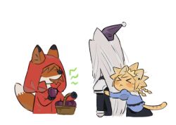  &gt;_&lt; 3boys alternate_costume apple armor basket black_coat blue_dress brown_fur cat_boy chibi chibi_only chinese_commentary cloud_strife coat commentary_request cropped_torso crossdressing crossdressing_(mtf) crown dress earrings final_fantasy final_fantasy_vii food fox_boy fruit furrification furry furry_male genesis_rhapsodos grey_hair hair_over_eyes hat hiding hiding_behind_another holding holding_basket holding_food holding_fruit hood hood_up hug hug_from_behind jewelry long_coat long_hair looking_at_another male_focus multiple_boys no_gloves pai_jingguan pauldrons purple_hat sephiroth shoulder_armor simple_background stud_earrings upper_body white_background wicker_basket 