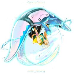  1boy artist_name black_pants guzma_(pokemon) harness highres male_focus mantine mario_(2669431) pants pokemon pokemon_(creature) riding riding_pokemon short_hair smile tattoo upside-down vest water white_hair yellow_vest 