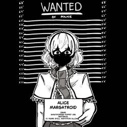 1girl absurdres alice_margatroid capelet character_name facing_viewer frilled_capelet frills greyscale hairband hayoibu height_chart height_mark highres holding holding_sign long_hair looking_at_viewer monochrome mugshot shaded_face short_hair sign solo touhou upper_body 