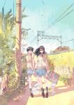  ^_^ black_hair closed_eyes fence flying_paper glasses holding_hands humi lamppost long_hair multiple_girls open_mouth original paper path power_lines railroad_tracks red-framed_glasses school_uniform shade shadow short_hair sunlight toi8 tree watch wristwatch 
