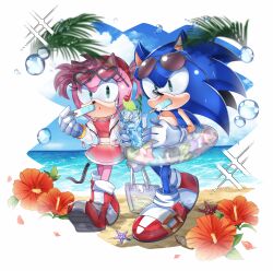  1boy 1girl absurdres amy_rose animal_ears animal_nose bag beach blue_fur bubble cup eyewear_on_head flower food full_body furry furry_female furry_male gloves green_eyes heart heart-shaped_eyewear hedgehog_boy hedgehog_girl hibiscus highres holding holding_bag holding_cup innertube popsicle r131q red_shoes shoes short_tail sonic_(series) sonic_the_hedgehog standing sunglasses swim_ring swimsuit tail white_gloves 