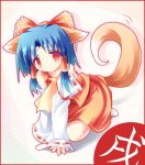  animal_ears blue_hair fox_ears hakurei_reimu japanese_clothes kemonomimi_mode kimono ribbon ribbons tail touhou 