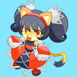  1girl animal_ears animal_nose black_hair blue_background boots cat_ears cat_girl cat_tail commentary dress from_above furry furry_female gloves hairband highres honey_the_cat kuro_(user_uwrm3742) long_hair looking_at_viewer open_mouth red_dress red_hairband simple_background smile solo sonic_(series) sonic_the_fighters sonic_the_hedgehog_(classic) standing tail twintails white_gloves yellow_eyes yellow_fur 