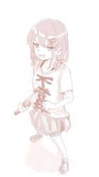  1girl blue_eyes girls_band_cry hair_ornament hairclip highres holding holding_microphone iseri_nina low_twintails microphone monochrome n_nai_nai_n pleated_skirt shikai_no_sumi_kuchiru_oto shoes short_hair short_sleeves short_twintails simple_background skirt solo spot_color standing twintails white_background 