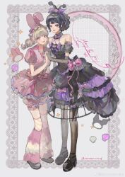  2girls bare_shoulders black_hair black_pantyhose blonde_hair bloomers bow choker collarbone colored_sclera crinoline elbow_gloves frilled_hairband frills fur_leg_warmers gloves hairband highres identity_v interlocked_fingers kuromi lace lace_gloves leg_warmers lily_barriere lily_barriere_(stunning_my_melody) looking_at_viewer mary_(identity_v) mary_(merry_kuromi)_(identity_v) multiple_girls my_melody pantyhose pink_bloomers pink_bow pink_eyes pink_leg_warmers pink_lips puffy_shorts puffy_sleeves purple_bow purple_choker purple_lips purple_sclera sanrio short_twintails shorts sicknevermind solid_eyes thigh-highs twintails weibo_username white_bow 